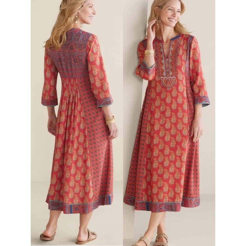 Soft Surroundings Phoenix Dress Red Beaded Embroidered Boho Midi Plus Size 1X